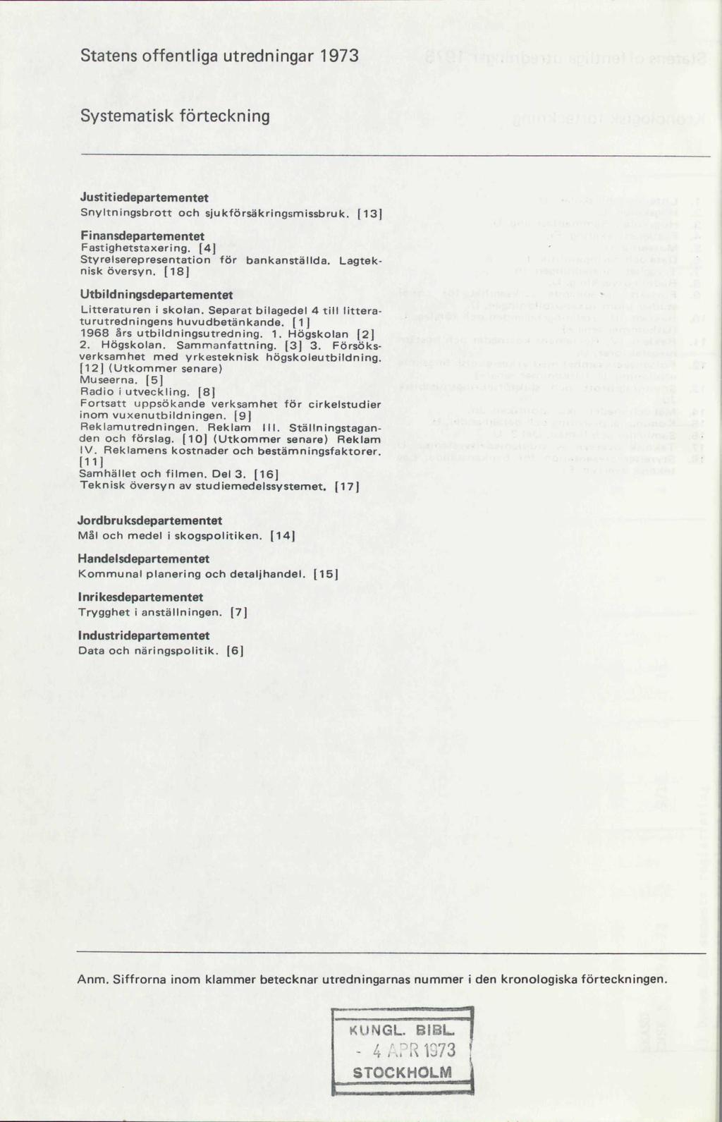 Statens offentliga utredningar 1973 Systematisk förteckning Justitiedepartementet Snyltningsbrott och sjukförsäkringsmissbruk. [13] Finansdepartementet Fastighetstaxering.