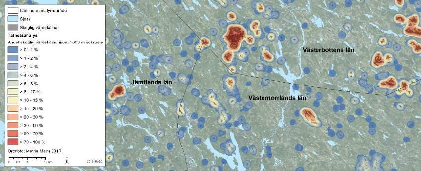 Det syns även stora områden med höga tätheter skogliga värdekärnor i norra Dalarnas län (figur 7) och i de centrala delarna av Norrbottens län och Västerbottens län. Figur 7.