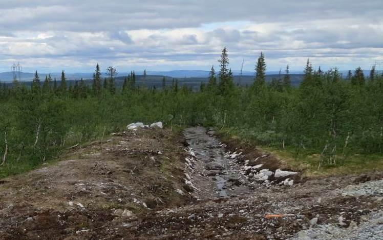 Figur 4. Anlagt dike nedströms verk 9 som avleder framförallt tillrinnande grundvatten till fundament. Foto mot nordost, till vänster 2013-06-10 och till höger 2014-06-09.