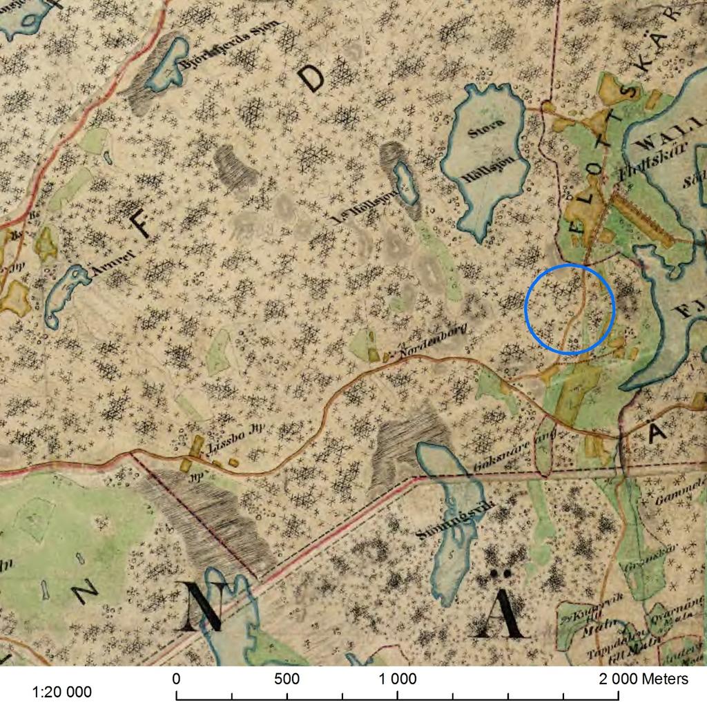 Figur 2. Häradsekonomiska kartan från år 1859 63. Utredningsområdet är markerat med blått.