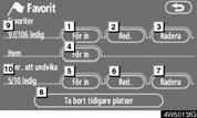 AVANCERADE FUNKTIONER Favorit Favorit Du kan registrera platser eller områden på kartan. De registrerade platserna kan användas på skärmen Resmål.