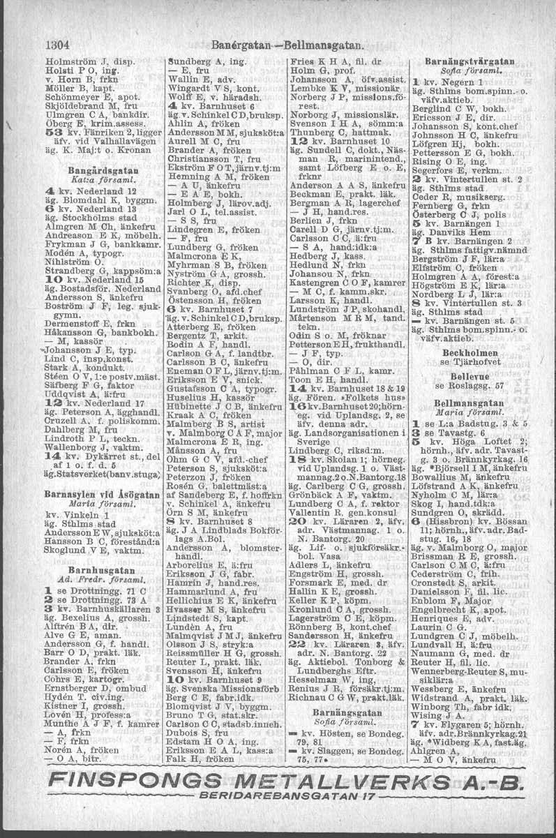 1304 Holmström J. disp. Hol.ti P O, ini!'. v. Horn B, frkj;l Möller B, kapt. Schönmeyer E, apot. Skjöldebrand M, fru " Ulmgren C A, bankdir. Banergatan - Bellmansgatan.!lundberg A, Ing.