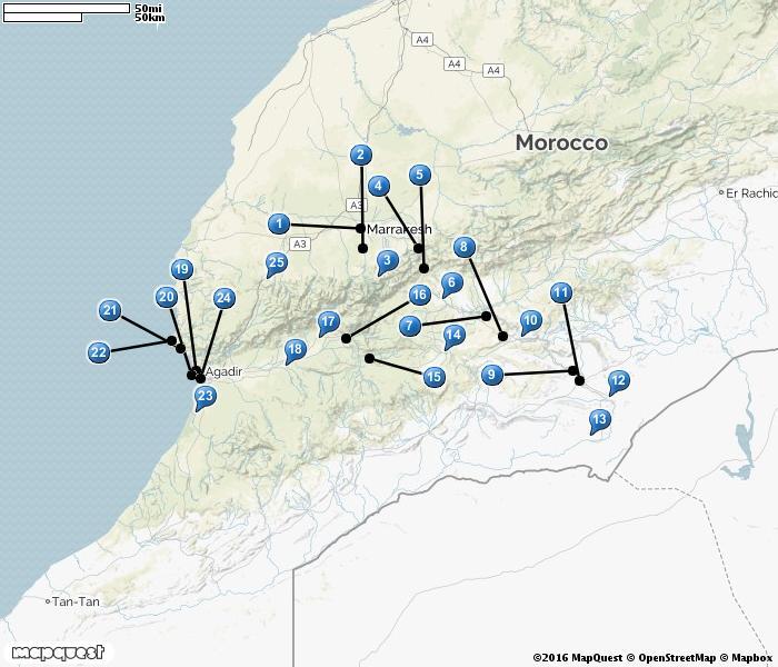 MAROCKO 1. Marrakech 2. 3. Okaïmeden 4. Forêt Toufliht 5. Tizi n'tichka 6. Amerzgane P1505 7. Barrage El Mansour 8. Tizi-n-Tinifift 9. Ifly Palm Grove 10. Agdz 11. Zagora 12. Draadalen, South 13.