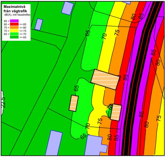 Figur 2: Ekvivalent trafikbullernivå Figur 3: Maximal trafikbullernivå Tomten är bäst lämpad för kontor eller liknande.