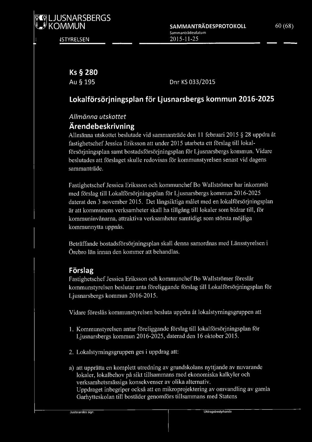 ~ LJUSNARSBERGS WI KOMMUN 60 (68) Ks 280 Au 195 Dnr KS 033/2015 Lokalförsörjningsplan för Ljusnarsbergs kommun 2016-2025 Allmänna utskottet Allmänna utskottet beslutade vid sammanträde den 11