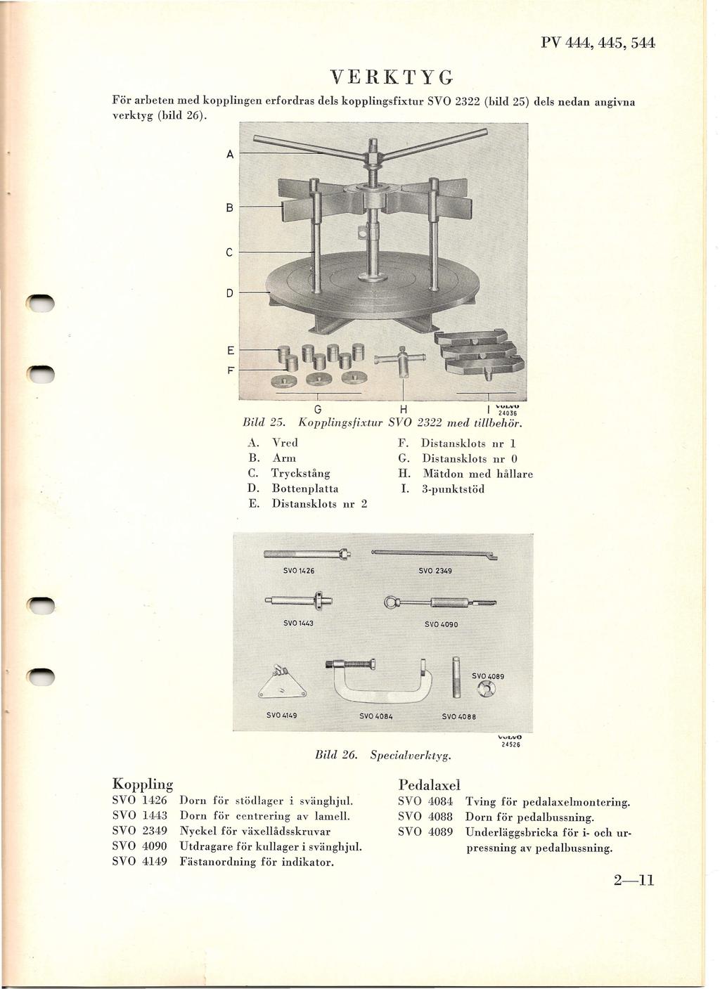 VERI(TYG PV 444,445,544 För arbeten med kopplingen erfordras dels kopplingsfixtur SYO 2322 (bild 25) dels nedan angivna verktyg (bild 26). =fr "'----'~ L..._ I ~... "'.;J~.J. G H I "2~~i~ Bild 25.