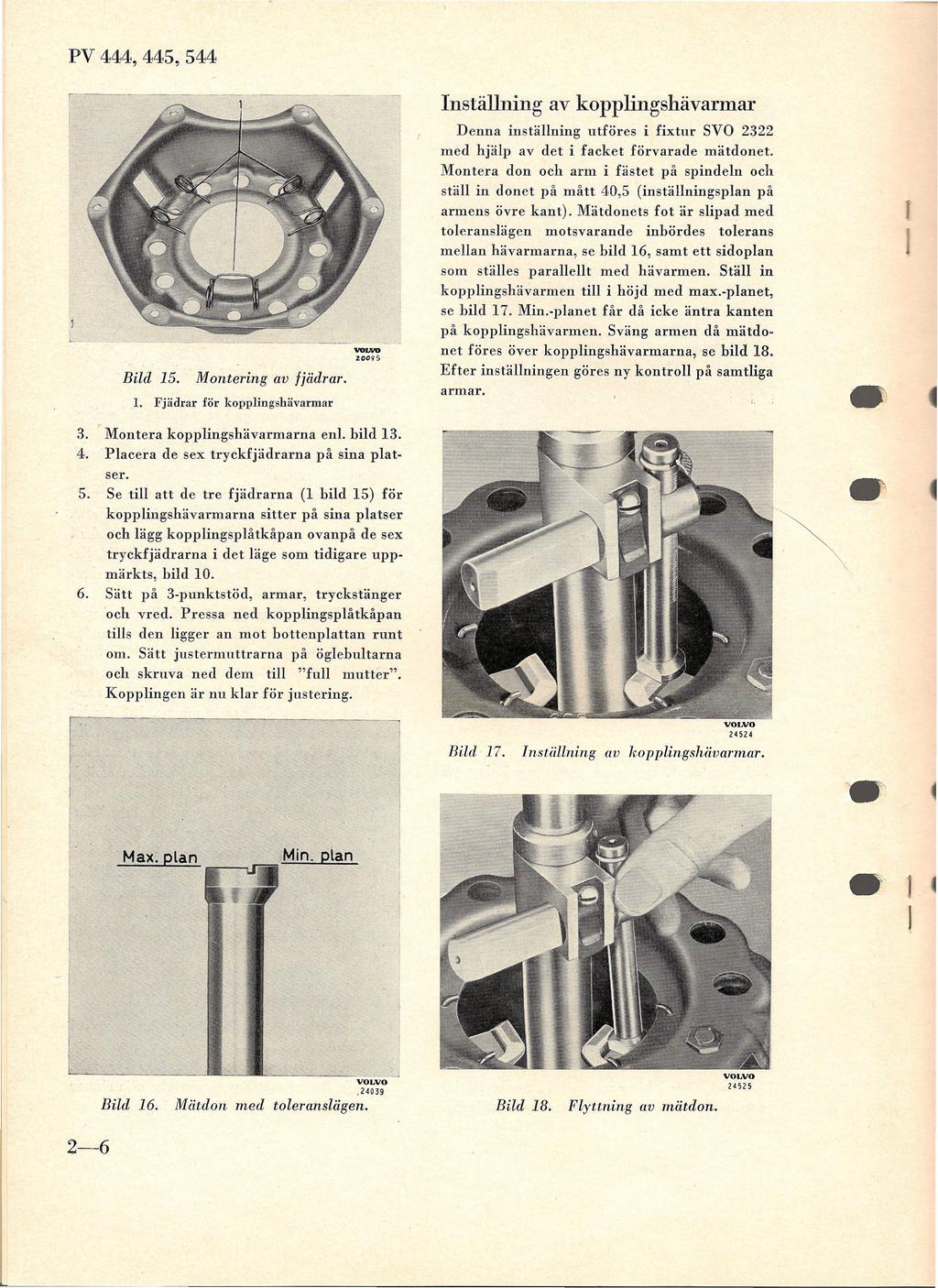 PV 444,445,544 Inställning av kopplingshävarmar VOlM> 20095 Bild 15. Montering av fjädrar. Denna inställning utföres i fixtur SYO 2322 med hjälp av det i facket förvarade mätdonet.