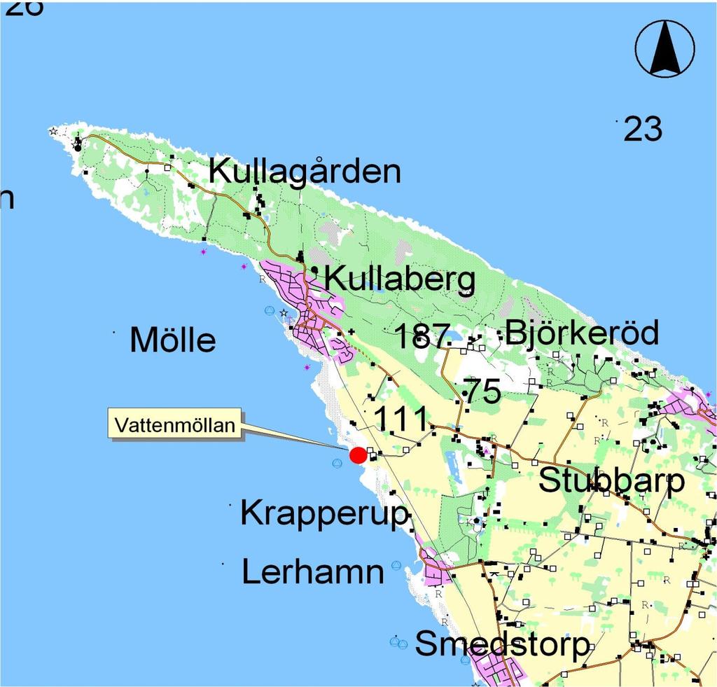 Vattenmöllan ligger alldeles nere vid vattnet mellan