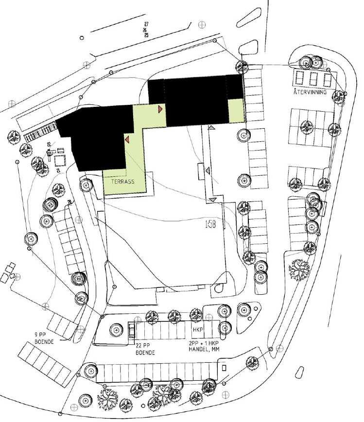 Alternativ 2 och 3 skiss (alt 2 innebär att enbart det vänstra huset byggs, ev med en låg byggnad om ca 2 våningar med enbart lokaler ungefär där det högra huset ligger) Terrassbjälklag med fri höjd