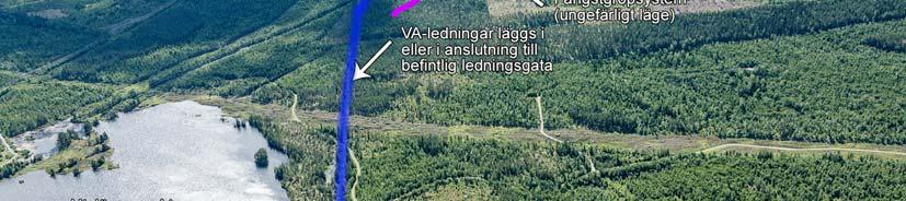 Bild 9. Karta som visar fångstgropssystemet läge i förhållande till planområdet samt tänkt ledningssträcka från Indalsälven. Se även bild 16 längre fram i planbeskrivningen.