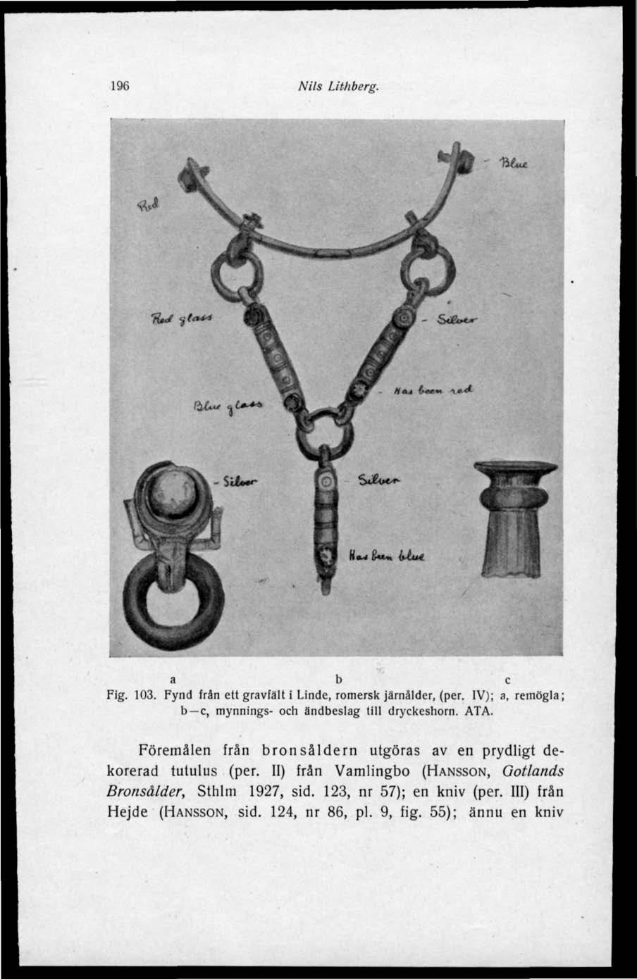 196 Nils Lithberg. 'MMJL S&**r Kcw U&H ( t(!u«a b c Fig. 103. Fynd frän ett gravfält i Linde, romersk järnålder, (per. IV); a, remögla; b c, mynnings- och ändbeslag till dryckeshorn. ATA.