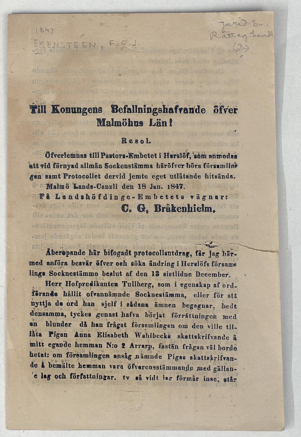 till Konungens Befallningshaffandc Malmöhns of ver Länt - Be B o I.
