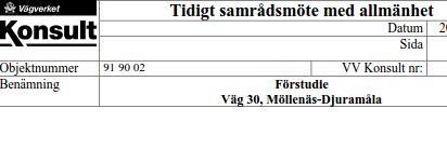 Tidigt samrådsmöte med allmänhet Datum 2005-09-01 Sida 1(3) Objektnummer 91 90 02 VV Konsult nr: 1440160 Benämning Förstudie Väg 30, Möllenäs-Djuramåla Minnesanteckningar från samrådsmöte den 1