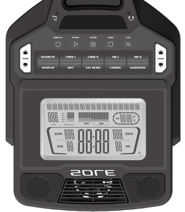 DRIFT KONTROLLPANELEN KONSOL FLÄKT HÖGTALARE DATORSKÄRM PROGRAMKNAPPAR (Manual, Hill, Fat Burn, Cardio, Strength, Interval) KONTROLLKNAPPAR DISPLAY LJUDPORT (MP3, CD, eller SMARTELEFON) MATRISSKÄRM