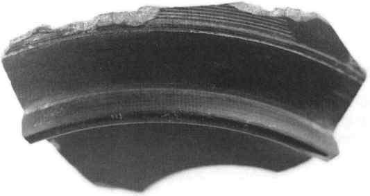 Figur 2. Etruskisk bucchcro funnen i Yä. Skärvan kan dateras till århundradena f'öre Kristi f'ödelse. men tyviirr Ur fyndkontexten mycket osiiker. På bilden syns fotringen och en del av skuldran.
