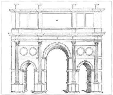 Portalen har på kolonnernas plintar lejon- och kvinnomasker samt - i - pa Konstantinbågen. efter Serlio. arkitekturböcker. A rr även harpospelande kvinnor.