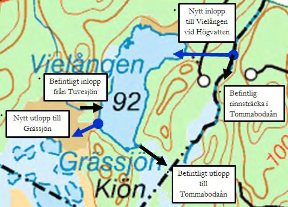 Åtgärdsförslag Inledning av flöde från Tommabodaån till Vielången Ett förslag är att via en kulvert eller dike leda in högvatten från Tommabodaån till Vielångens nordöstra del.