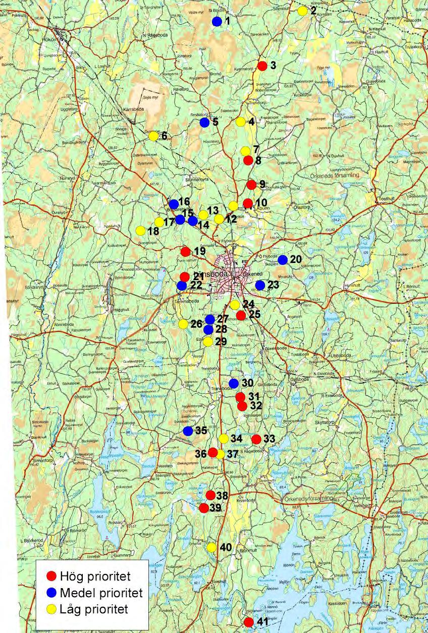 3.2 Resultat våtmarksinventering 3.2.1 Översikt - intressanta våtmarkslägen med prioritering I figur 3.