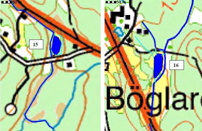 Figur 3.12 visar våtmarksläge 15 t.v. och våtmarksläge 16 t.h. Våtmark 16 Våtmarksläge 16 ligger i Böglarehult, norr om väg 121 (se figur 3.12).