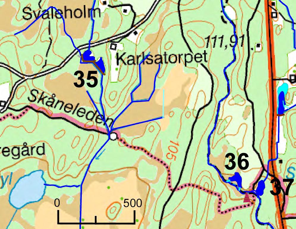 Våtmark 35 Våtmarksläge 35 (se figur 3.22) består idag av blöt gräsmark som förefaller vara obrukad. Våtmarken anläggs genom dämning i ett skogsdike som avvattnar delar av Svaleholmsmyren.