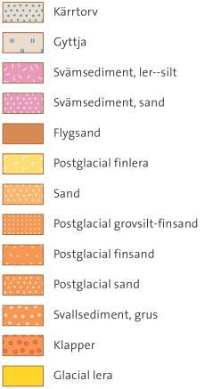 Röd oval markerar aktuellt område. Jordartskartan är översiktlig och jordlagerföljder är ofta komplicerade i närheten av meandrande vattendrag. Det är det även i detta fall.