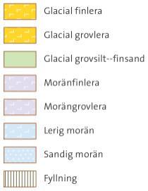 I borrhål 15W03 mellanlagras den översta sanden och leran av ett mulljordslager. Mulljorden i ytan är sandig och närmast bäcken är den klassad som fyllning.