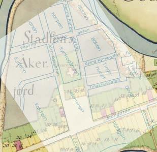 Fig. 3. 1750 års geometriska avmätning i förhållande till dagens karta. Järnvägsgatan skär kyrkogården såsom den återspeglas i det historiska kartmaterialet.