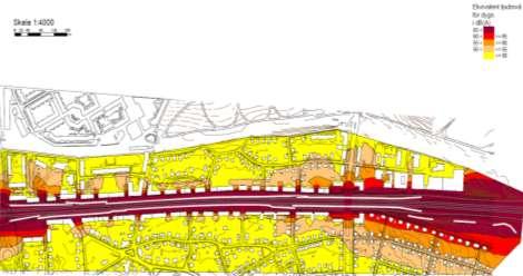 Samråd med stadens bullerskyddsgrupp Det förslag som förordas är en 3 meter hög skärm direkt intill Nynäsvägen med dubbla skärmkrön och absorbenter på båda sidorna samt