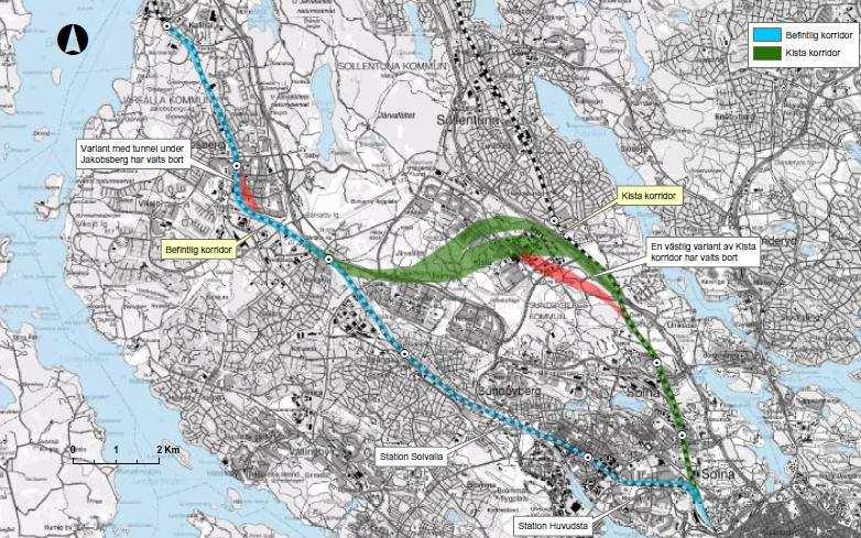 Figur 5.15. Alternativ som studerats i järnvägsutredningen.