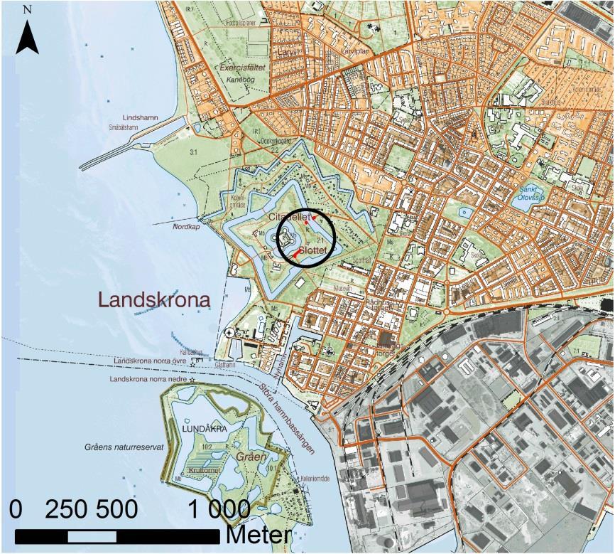 Figur 1. Undersökningens läge i Skåne, Landskrona kommun (markerat med blått).