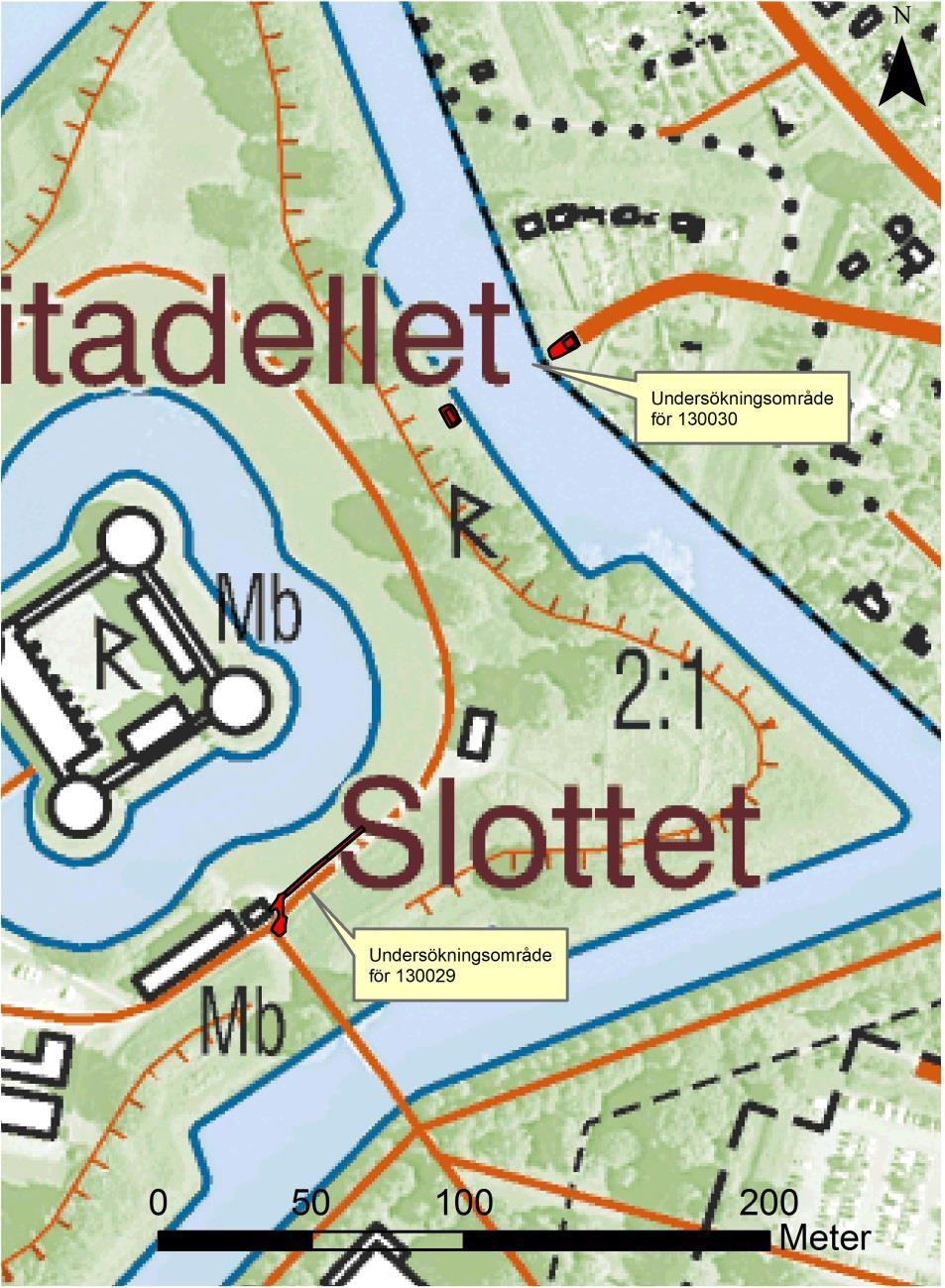 Figur 4. Undersökningsområdena 130029 och 130030. Syfte och metod Syftet med de arkeologiska förundersökningarna var att vid behov följa markarbetena och dokumentera eventuella framkomna lämningar.