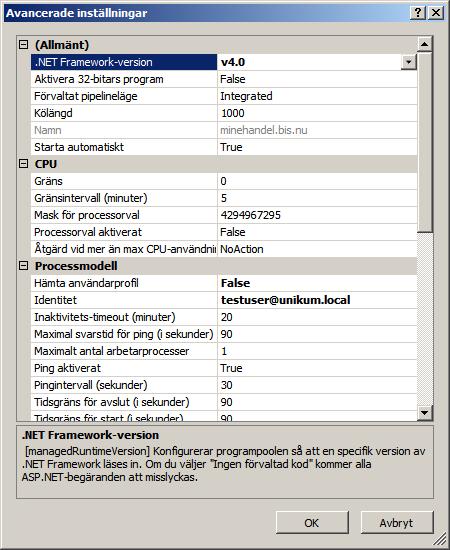 Ändra.Net Framework-version och Identitet. Identiteten bör vara samma som användaren på webbplatsen, då rättigheter i webbplatsens hemkatalog är angivet enligt ovan för detta användarkonto. Obs!