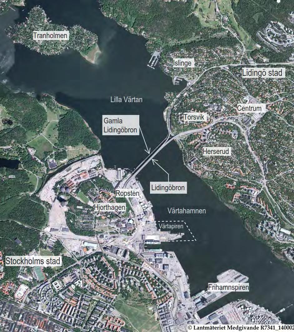 14 4 Nuläge 4.1 Områdesbeskrivning Området där den nya bron kommer att byggas är beläget både i Lidingö stad och i Stockholms stad.