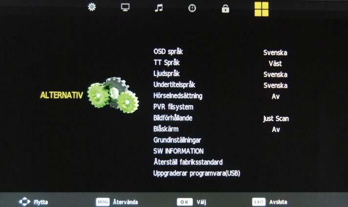OSD-MENY OSD-MENY 6. SETUP-menyn Beskrivning OSD-Språk: Här kan du välja menyspråk. TT Language: Låter dig välja text-tv språk. Hearing Impaired: Slå på / stänga av hörselskadade funktionen.