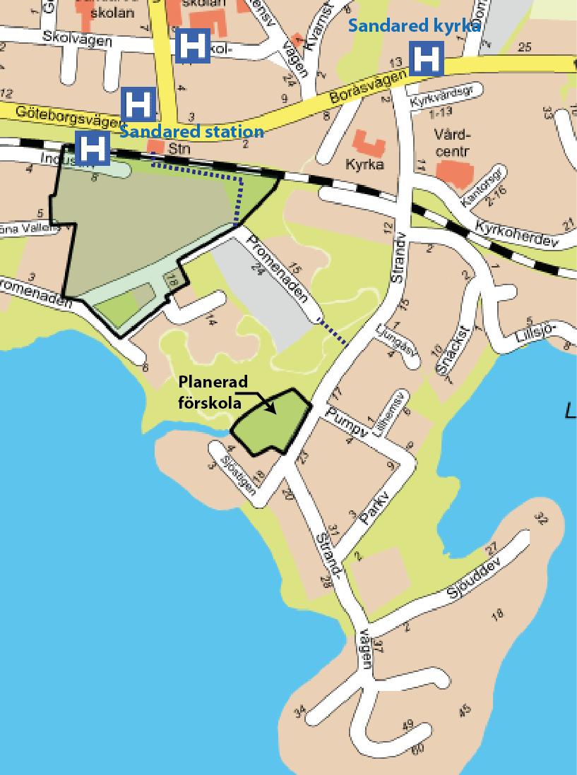 2.4 Kollektivtrafik Närmaste busshållplatser är Sandared Kyrka respektive Sandared station, som båda ligger ca 500 m från den planerade förskolan. Pågående detaljplan Sandared 1:81 m.fl.
