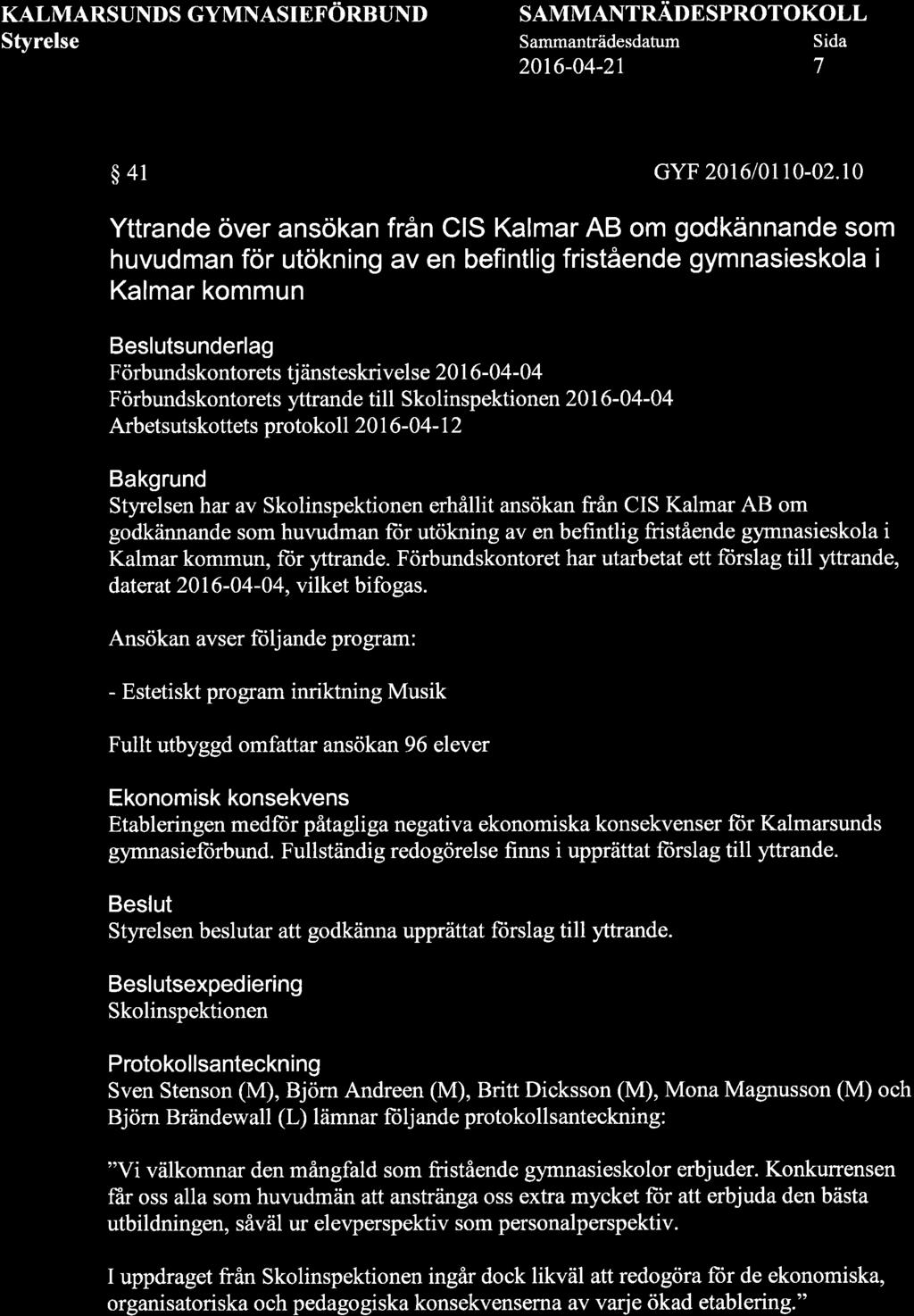 KALMARSUNDS GYMNASIEFÖRBUND SAMMANTRÄDESPROTOKOLL 2016-04-21 7 $41 GYF 201610110-02.