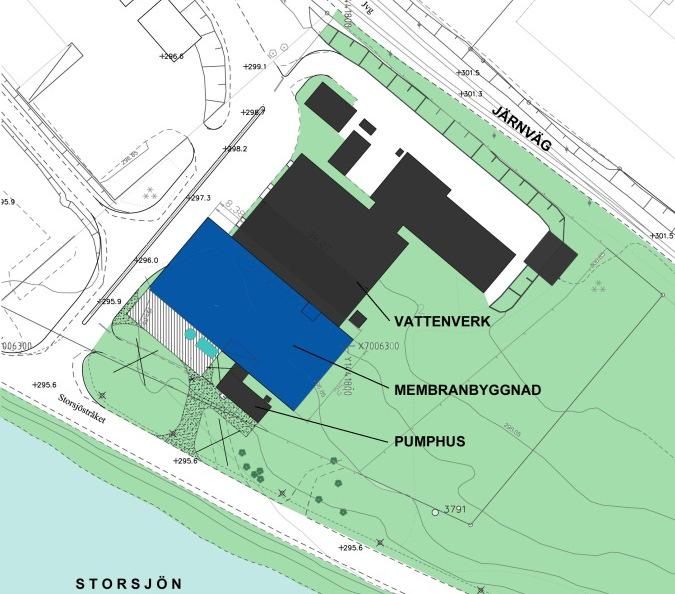 Läget och befintliga byggnader med material och kulörer Minnesgärdets vattenverk i Östersund ligger i södra stadsdelen mellan järnvägen och Storsjön.