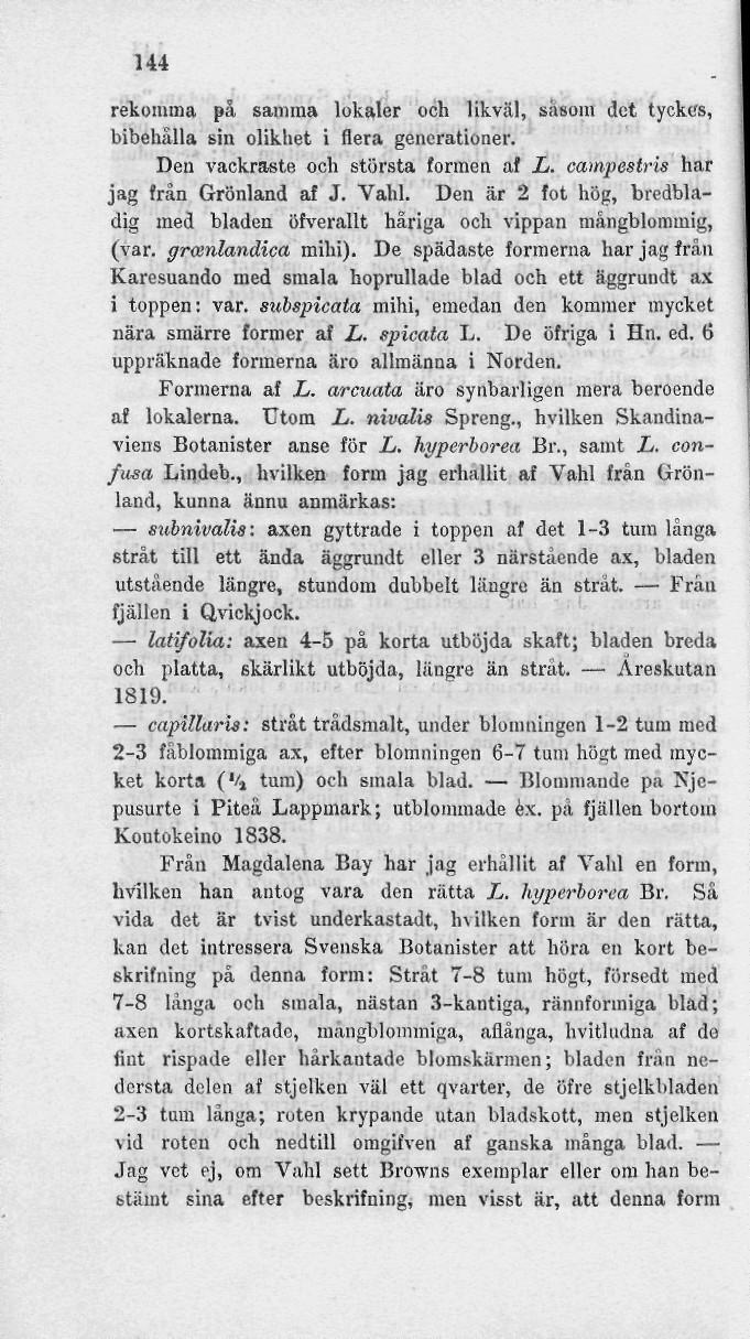 144 rekoinma på samma lokaler och likväl, såsom det tyckes, bibehålla sin olikhet i flera generationer. Den vackraste och största formen af L. campeslris har jag från Grönland af J. Vahl.
