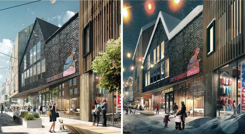 I nya Kiruna illustreras Handelsgatan såväl sommar som vinter, med olika användningar och användare (Bild: White Arkiteter, Ghilardi Hellsten Arkitekter och Kiruna Kommun) Att illustrera en stämning