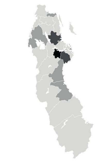 < 1% 1-1% 11-35% > 35% 29 21 211 PCR ribotyp 12 29 21 211 PCR ribotyp 46 Figur 3. Geografisk fördelning av C. difficile-typerna 12 och 46 från punktprevalensmätningarna 29-211.