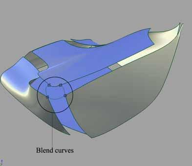 Appendix 4 2(3) För att dessa ytor på ett snyggt sätt ska flyta samman användes först blend curves (Fig.