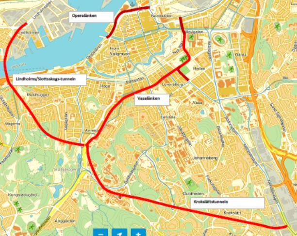 Fig: Vasalänken och andra länkar i Planskild Storkring Det ska framhållas att dessa endast är ett par exempel på tänkbara förbättringar av lokal kollektivtrafik som kan