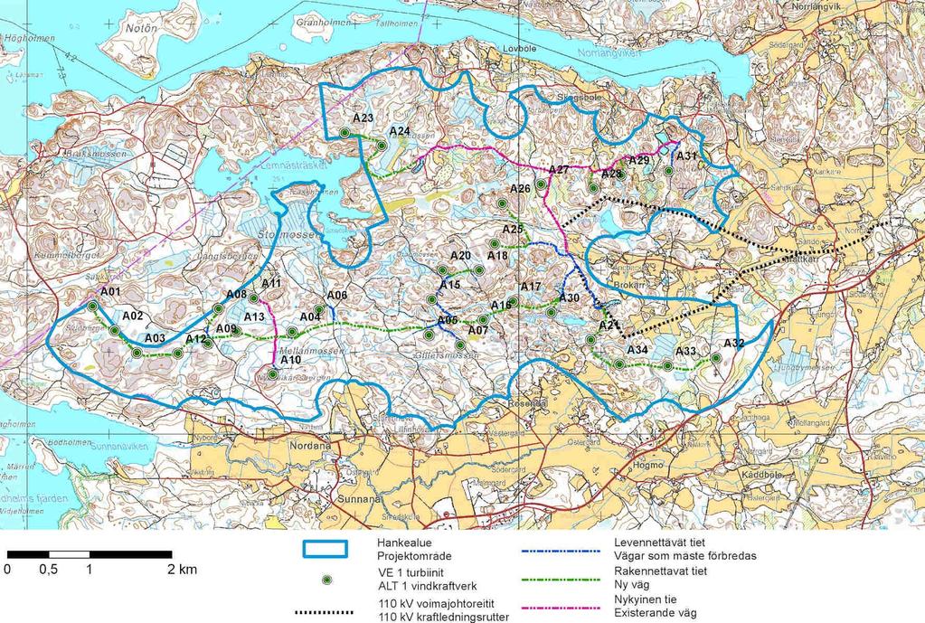 Bild 8. Det preliminära interna vägnätet i vindkraftsparken, alternativ 1, samt 110 kv kraftlinjens alternativa dragningar. I alternativ 2 är behovet av interna vägar mindre. Tabell 1.