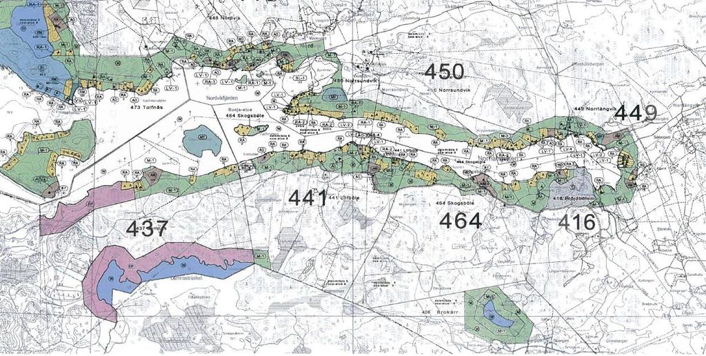Planbeteckningarna i stranddelgeneralplanen för Brokärrträsket är huvudsakligen områden för lant- och skogsbruk samt ett vattenområde.