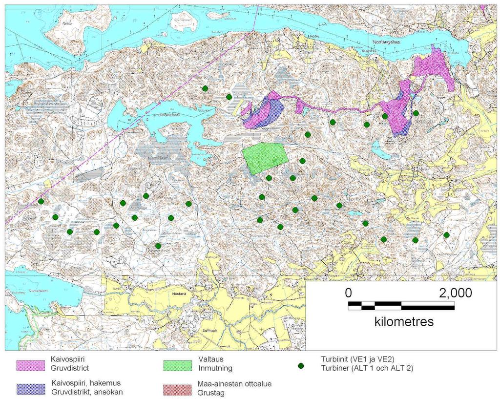 NÄRINGSVERKSAMHET PÅ OMRÅDET För vindkraftsparkens område föreligger ett tillstånd av Kimitoöns kommuns bygg- och miljötillsynsnämnden gällande sprängning av berg och stenkrossning, samt lov att ta