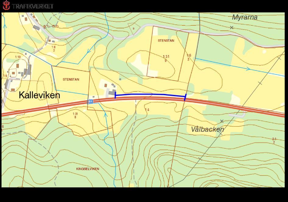 Rv 61, Kalleviken, KALLEVIKEN Motivering: Vägkant med fynd av skogsklocka (NT). ID på översiktskarta 4 Vägnummer Riksväg 61 Namn Gammalt namn - Sida av vägen Kalleviken, KALLEVIKEN Norra sidan.