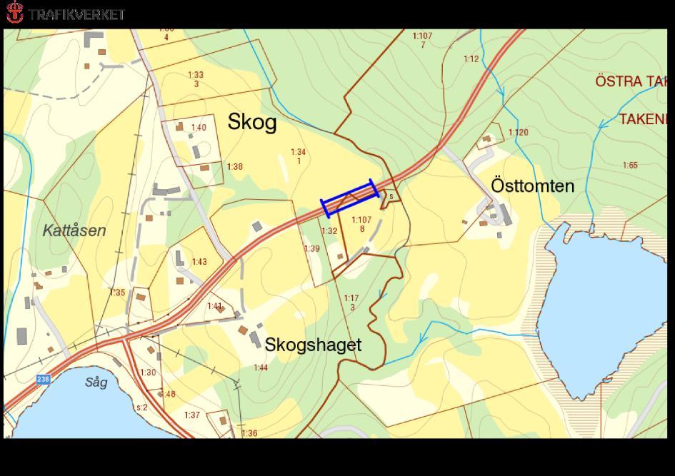 238, Skog, SKOG Motivering: Vägkant i öppet landskap med hävdgynnad flora. ID på översiktskarta 7 Vägnummer S 238 Namn Gammalt namn - Sida av vägen Skog, SKOG Båda. Längd sida 1 95 m.