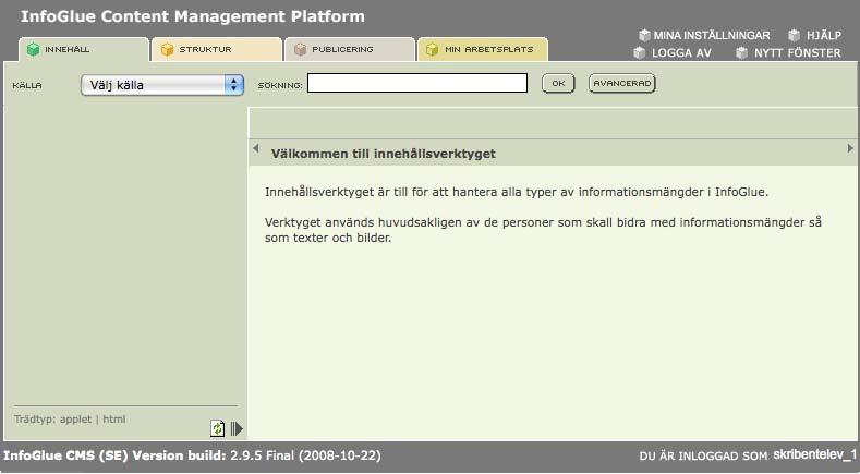 2010-04-16 Sid 1 Övningsuppgift 1: Logga in Syfte med uppgiften: Att logga in till InfoGlue Att hantera inställningar i InfoGlue Uppgifter: Logga in i webbpubliceringssystemet 1.