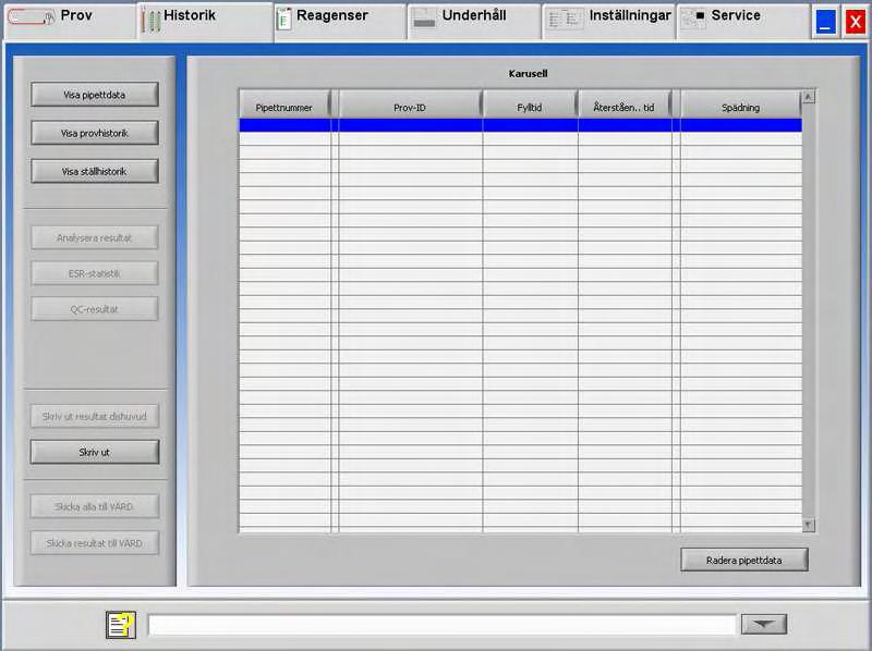 Auto-Compact programvara 5.3.1. Visa pipettdata Denna tabell visar information om proverna i karusellen under vald ESR-bearbetningstid.