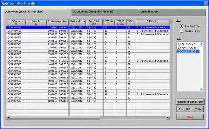 Auto-Compact programvara 5.3.5. QC-resultatskärmar I detta avsnitt visas resultat och statistik från QC-prov. I avsnittet Länkade QC-ID (på sidan 40) kan länkar skapas mellan QC-prov-ID och Lab-ID.